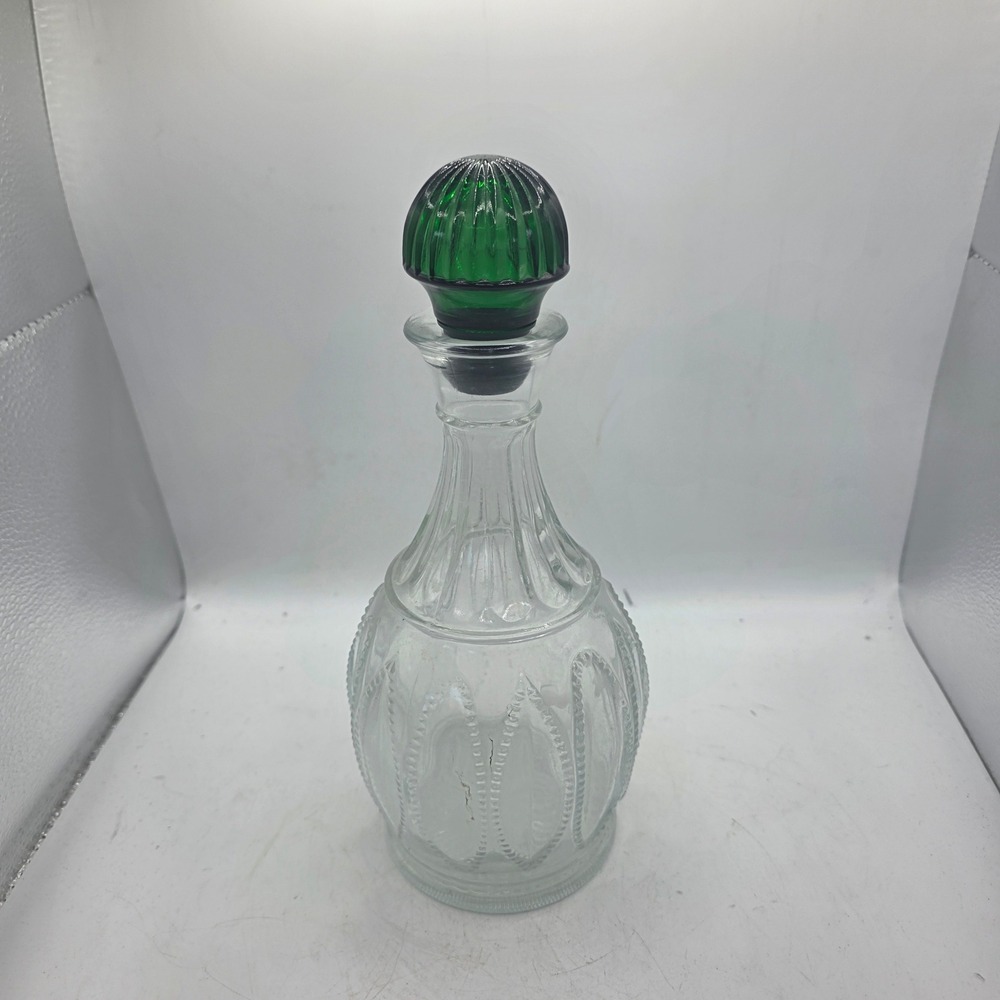 Vintage 1982 Avon Emerald Accent Clear Glass Decanter Green Ribbed Stopper